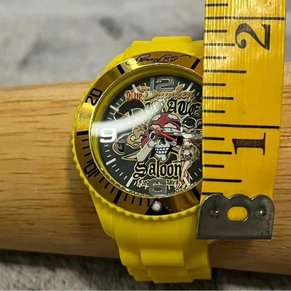 Rare Ed Hardy Love Kills Slowly Drunken Pirate Saloon Yellow Strap Watch